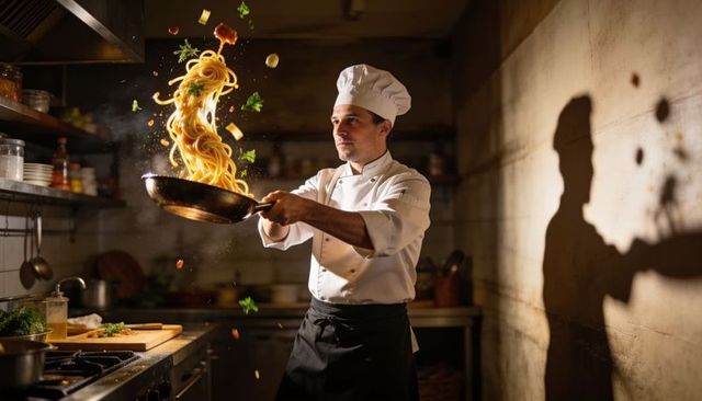 Chef flipping spaghetti in dynamic toss with flying pasta and herbs in busy kitchen