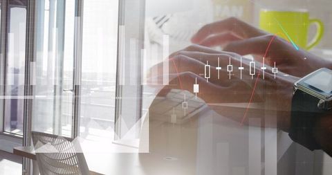 Corporate office hands on keyboard with financial charts and smartwatch