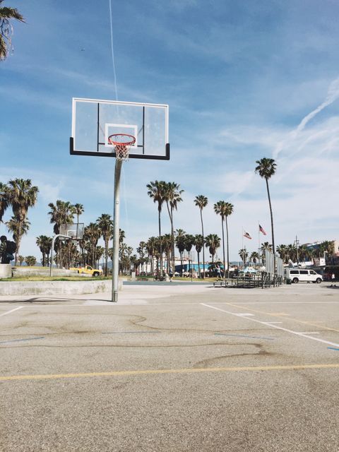 This image showcases an outdoor basketball court on a sunny day in California, with tall palm trees and a clear blue sky in the background. Ideal for use in promoting urban sports facilities, recreational activities, tourism in California, or athletic lifestyle blogs.