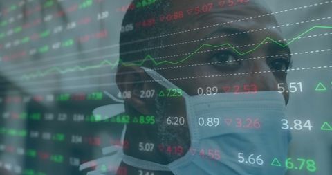 Financial Analysis Overlay on Professional with Face Mask in Urban Setting