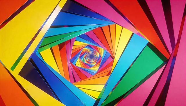 Vibrant rotating spiral of layered rainbow panels creating geometric depth and optical illusion