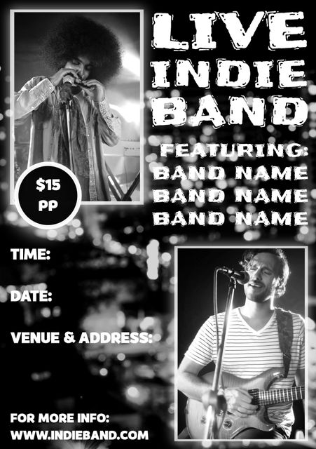 Promotional poster featuring musicians performing on stage, promoting an indie concert. Includes spaces for band names, event time, date, venue address, and ticket price. Great for events promotion, social media, and venue advertisements.