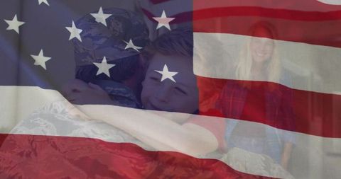 Patriotic Embrace Amidst American Flag