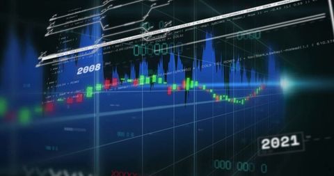 Financial analytics concept with candlestick charts and trend lines