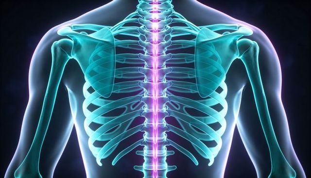 Glowing thoracic spine and ribcage with translucent scapulae and magenta vertebral column