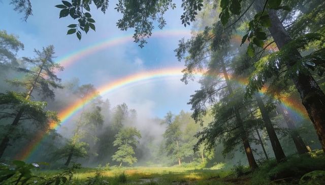 Arching Double Rainbow Spanning Sunlit Forest Clearing with Misty Meadow and Sunbeams