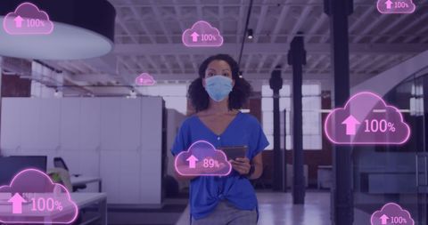 Doctor in a mask using digital interface visualizing cloud storage enhancements. Suitable for illustrating the intersection of technology and healthcare, showcasing innovative data management in medical settings, or promoting advancements in cloud computing solutions.