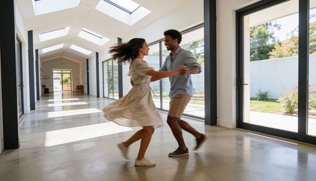 Couple twirling in sunlit modern corridor with skylights and glass doors, casual sneakers