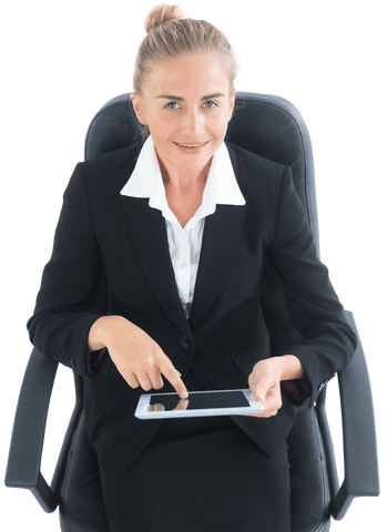 Transparent background businesswoman using tablet smiling in suit
