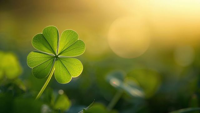 Backlit six-leaf clover glowing with intricate veins and warm golden bokeh