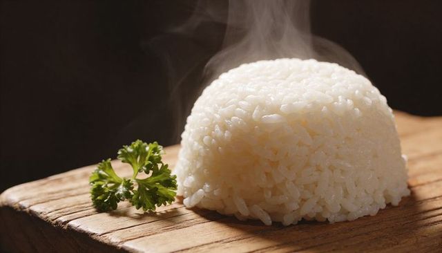 Steaming dome of fluffy white rice on rustic wooden board with parsley garnish