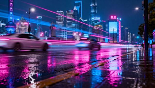 Neon rain-soaked cityscape with moving cars and reflective light trails