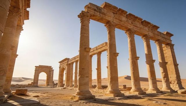Ancient classical colonnade and arched gateway amid desert sand dunes at golden hour