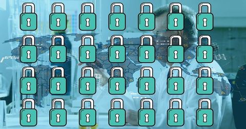 Global Science Security Overlay with Lock Icons on World Map