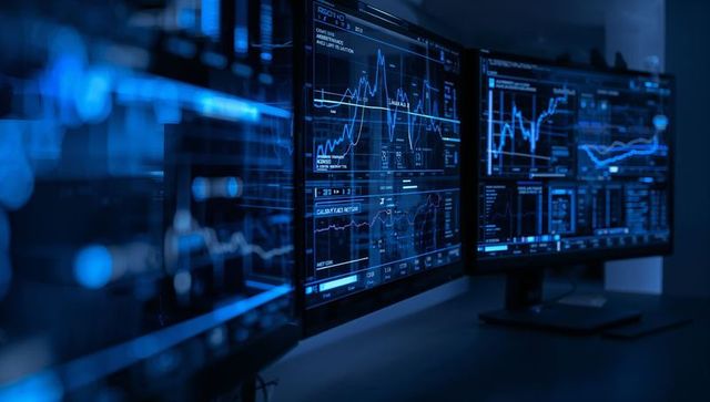 Displaying curved monitors showing real-time financial dashboards, charts and trading analytics