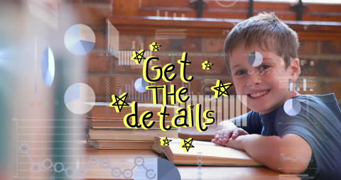 Smiling Boy Reading a Book in Classroom with Digital Effects
