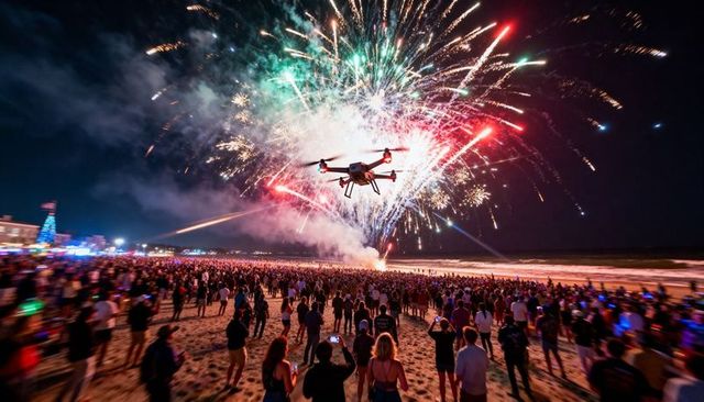 Drone filming fireworks over crowded beach night festival, crowds recording on smartphones
