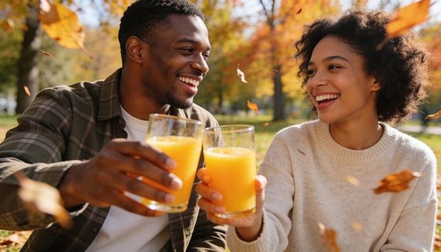 Couple toasting with orange juice in autumn park, laughing amid falling leaves
