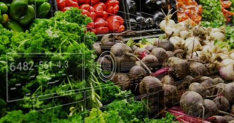 Fresh produce display with ar overlays showing beets, kale, bell peppers for smart retail