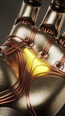 Illuminating inner core of robotic palm wrapped in copper wiring, glowing energy pulse