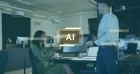 Office collaboration around ai hologram | woman handing coffee to colleague in modern workspace