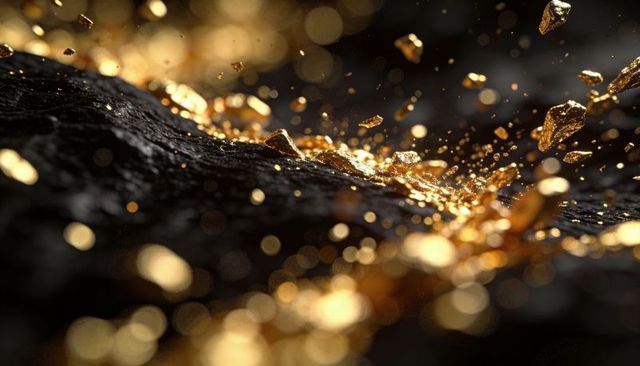 Scattering gold flakes floating over dark rocky ridge with warm bokeh shimmer macro metallic