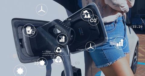 Woman charging electric car with data overlays illustrating technology and sustainability