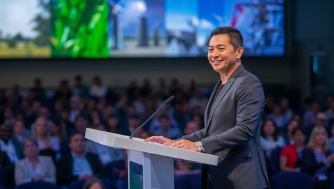 Asian Business Leader Delivering Keynote at Corporate Conference, Smiling at Lectern