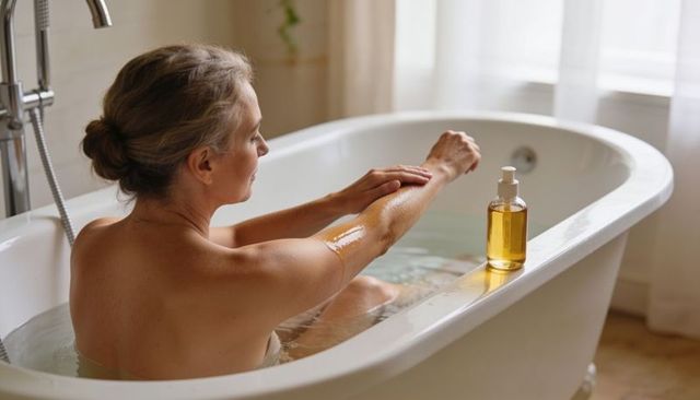 Mature woman applying nourishing bath oil in sunlit freestanding bathtub relaxing ritual