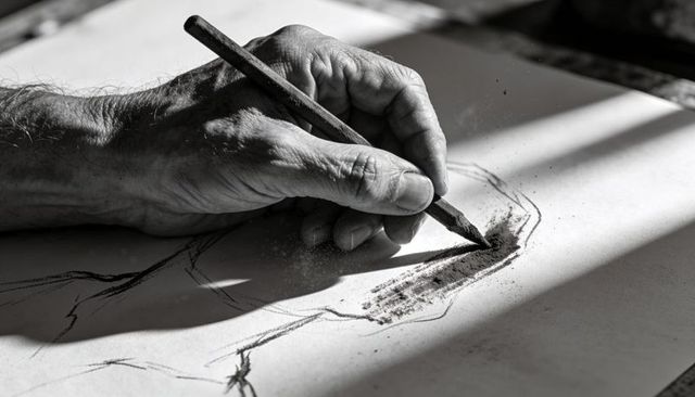 Shading charcoal sketch: senior artist hand creating expressive monochrome drawing in window light