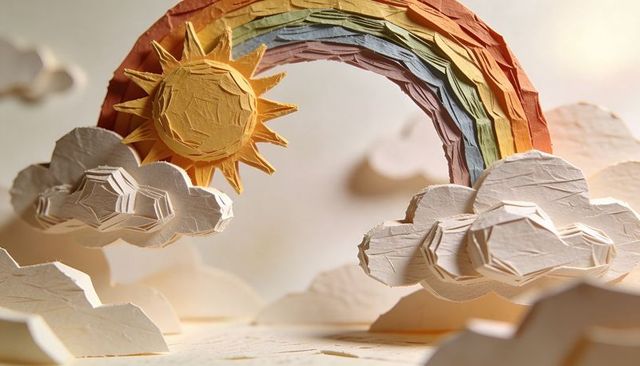 Handmade paper rainbow arch with sunburst and layered clouds, vibrant papercraft whimsical scene