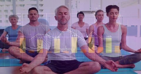 Group meditating with biometric overlay for wellness monitoring and mindfulness training
