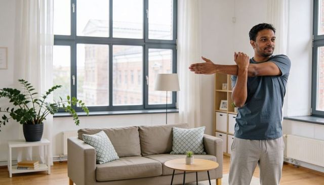 Man stretching in bright urban apartment living room morning home stretching routine