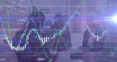 Business Team Analyzing Financial Graphs in Office with Digital Overlay