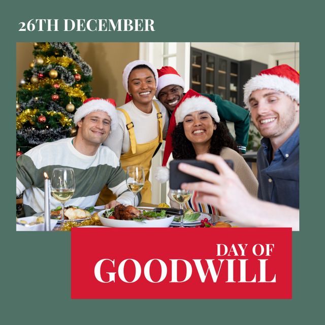 Square image of diverse group of people wearing santa claus hats an day of goodwill text. Day of goodwill campaign.