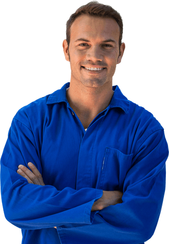 Confident mechanic in blue uniform with transparent background