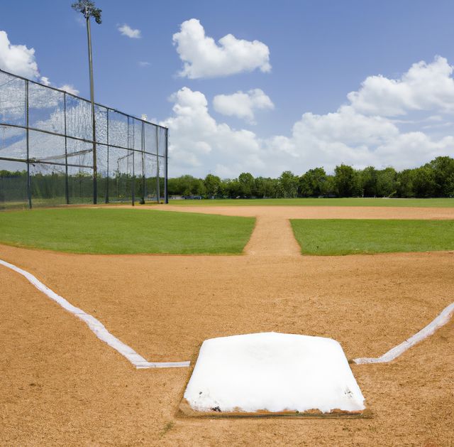 Empty baseball field with clearly visible home plate under bright blue sky with white clouds. Grass is well-maintained, and surrounding trees are flourishing. Perfect for use in articles, advertisements, and promotions related to sports, baseball games, outdoor activities, summer camps, and fitness. Useful for illustrating topics about team sports, summer recreation, and community events.