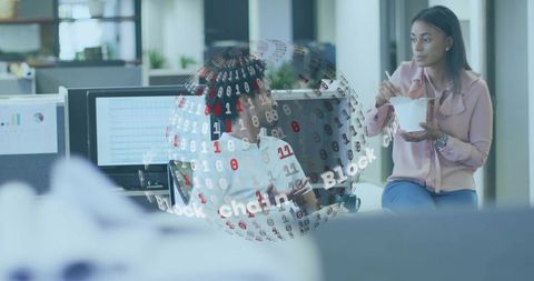 Office team discussing blockchain concept with digital binary globe overlay collaboration