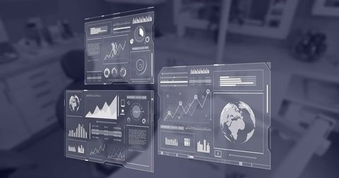 Displaying global data with floating holographic analytics dashboards in modern office