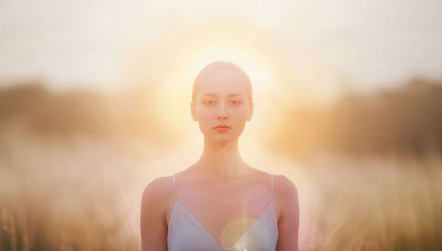Serene woman standing in sunlit meadow with halo glow and soft golden bokeh