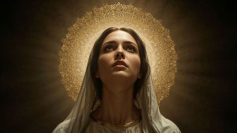 Divine enlightenment the virgin mary portrait with golden halo