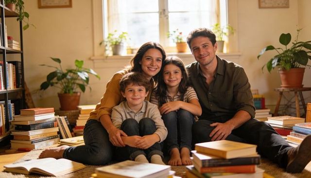 Sunlit cozy family cuddling on living room rug surrounded by stacks of books smiling