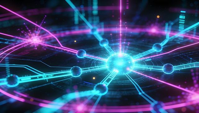 Glowing neural hub connecting neon network nodes with circuitry and holographic data streams