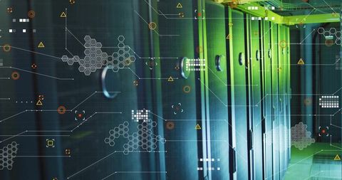 Glowing server racks in data center aisle with futuristic HUD overlays, hexagon circuitry