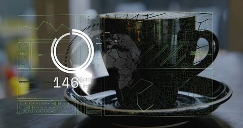 Black Ceramic Coffee Cup with Futuristic Holographic UI