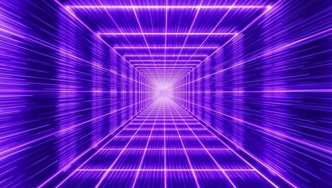 Glowing neon grid tunnel leading to bright core in synthwave purple futuristic perspective