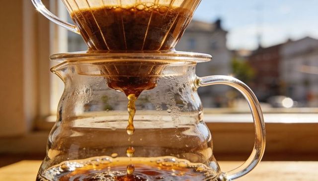 Sunlit pour-over coffee dripping into glass carafe on wooden counter with paper filter