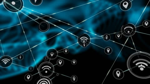Abstract Network Connections with Icons and Lines on Dark Background