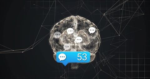 Futuristic brain with speech bubbles and notifications in network grid
