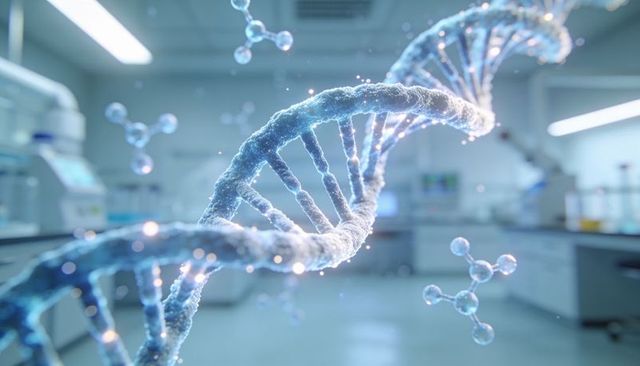 Glowing dna double helix hovering inside sterile lab with floating molecular structures